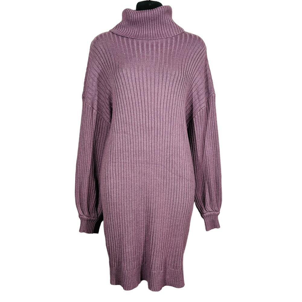 NEW! Anrabess Ribbed Knit Sweater Dress Casual Midi Dusty Purple Long Sleeve - M